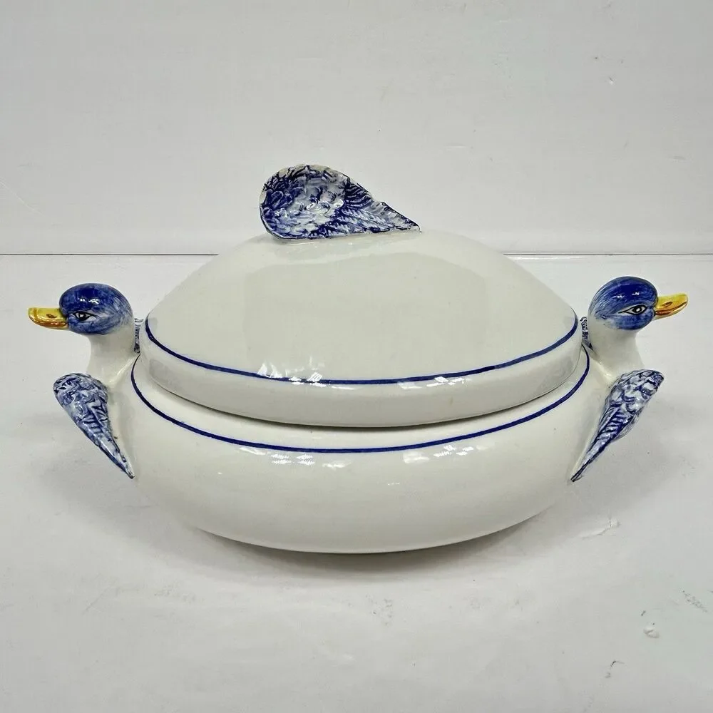 Blue White Ceramic Duck Tureen Ladle Lid Made in Italy Country Farmhouse Decor
